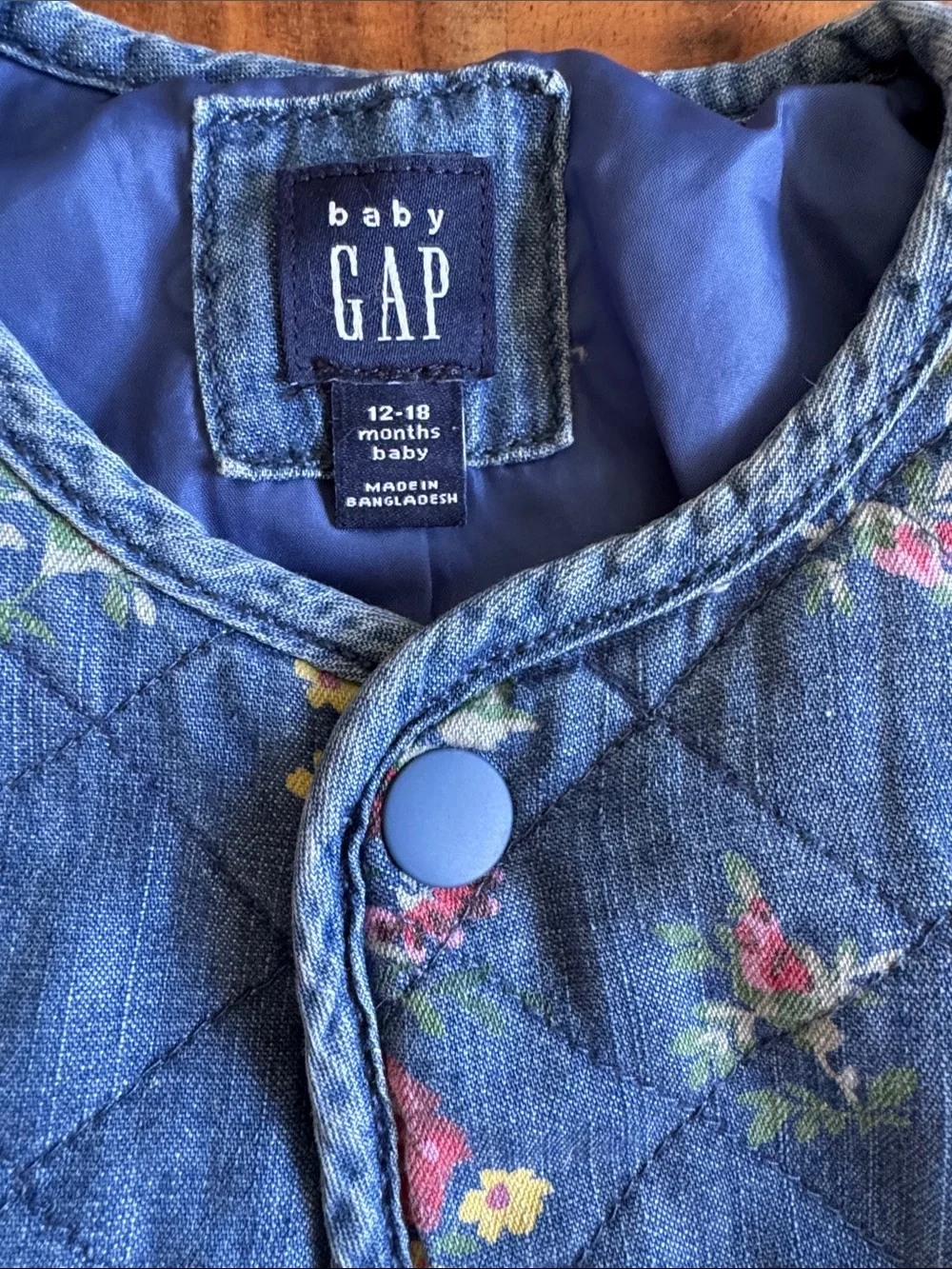 GAP Quilted Floral Denim-Blue Snap Jacket